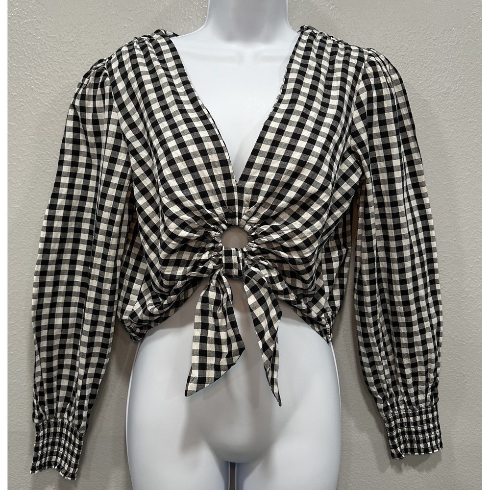 SO Top Pull Over Womens Size Medium Blck White Checkers Cropped Long Sleeve Y2K